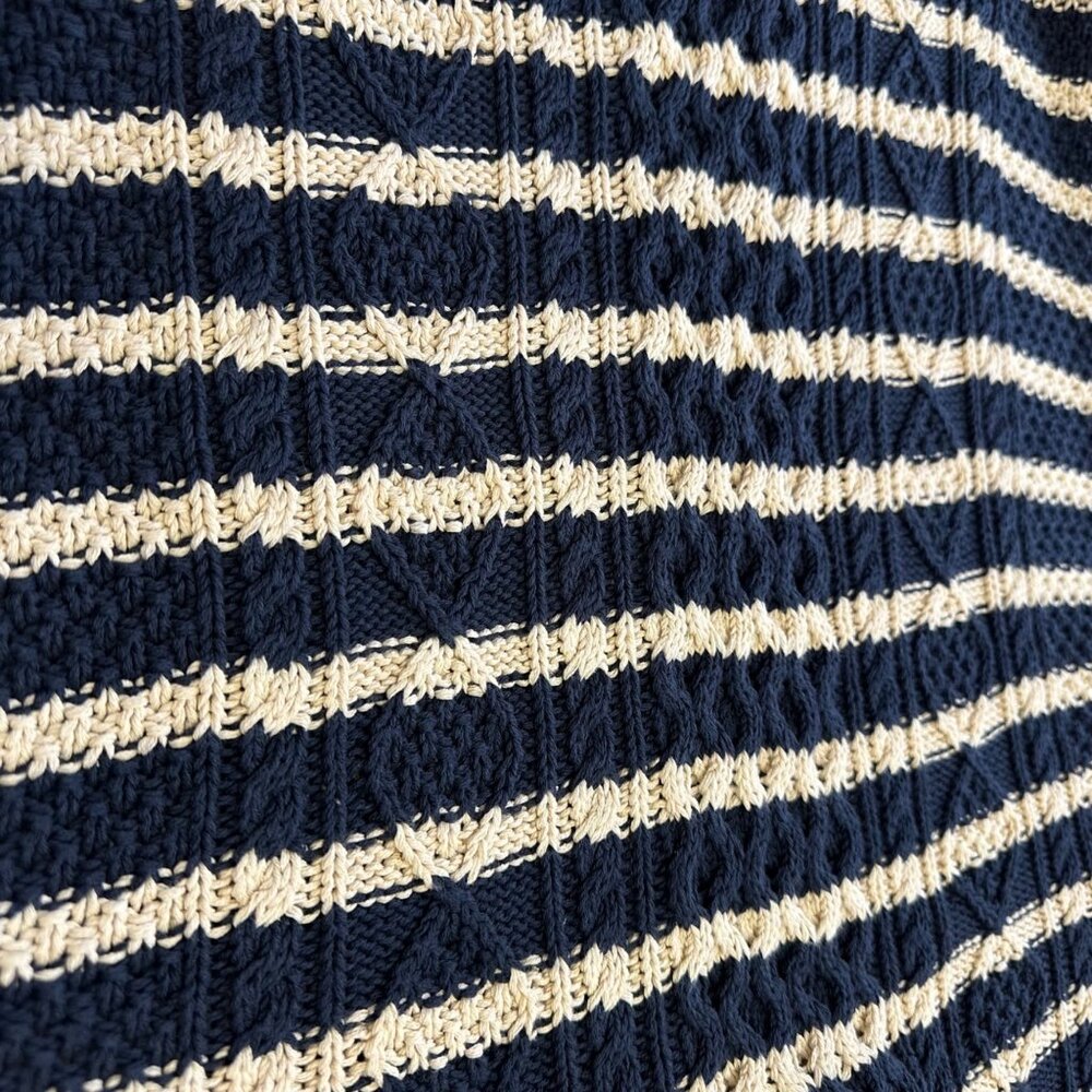 LL Bean Mens Cotton Striped Cable Knit Fisherman Sweater Quarter Zip Size Large - Picture 10 of 13